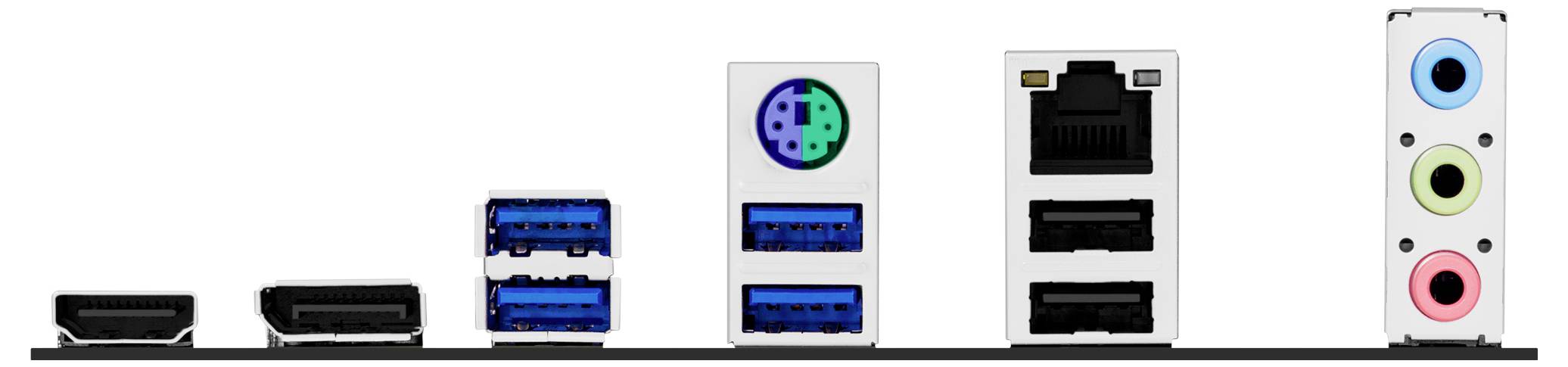 Bakre vyn av en dators I/O-portar, inklusive HDMI, USB, PS/2, Ethernet och ljuduttag, som visar olika anslutningsalternativ.