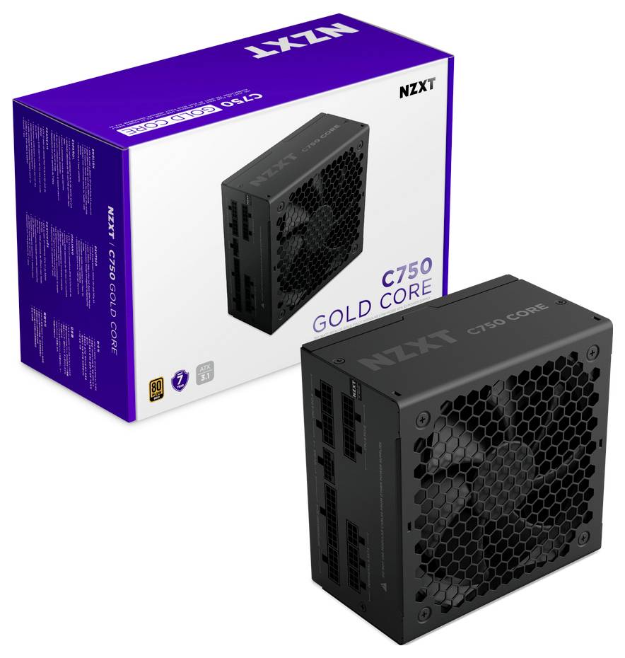 NZXT C750 Gold Core nätaggregat bredvid sin förpackningsbox, som visar dess ventilationsdesign och anslutningsportar.