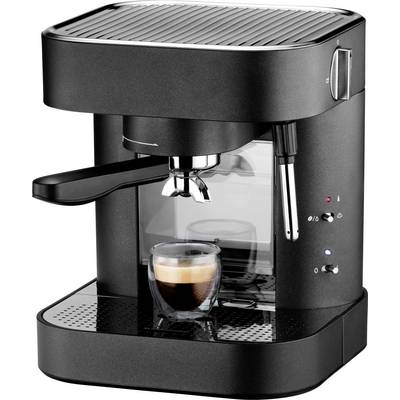 En svart espressomaskin med ett glaskopp undertill, fylld med nybryggt kaffe. Flera knappar och vred syns på sidan.