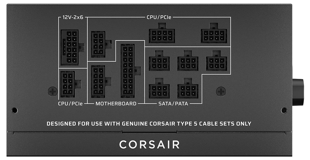 Corsairs nätaggregat har portar märkta för 12V, CPU/PCIe, moderkort, SATA/PATA med en anteckning om kompatibla kabeluppsättningar.