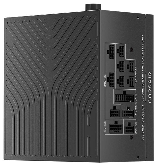 'Corsair' nätaggregat med märkta portar: '24-stifts ATX', 'CPU/PCIe', '12VHPWR', 'Periferi och SATA', '4+4 CPU/EPS'.