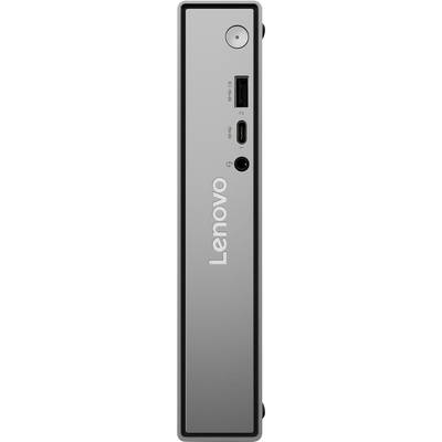 En vertikal vy av en kompakt Lenovo-enhet, som visar portar inklusive USB-A, USB-C, hörlursuttag och en strömknapp på frontpanelen.