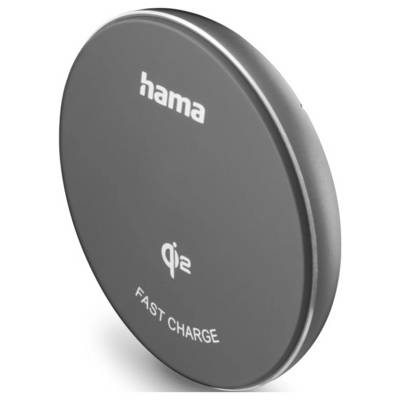 En rund, grå trådlös laddare märkt 'hama' med 'QI2' och 'FAST CHARGE' skrivet på ytan, sedd från en något sidolutande vinkel.