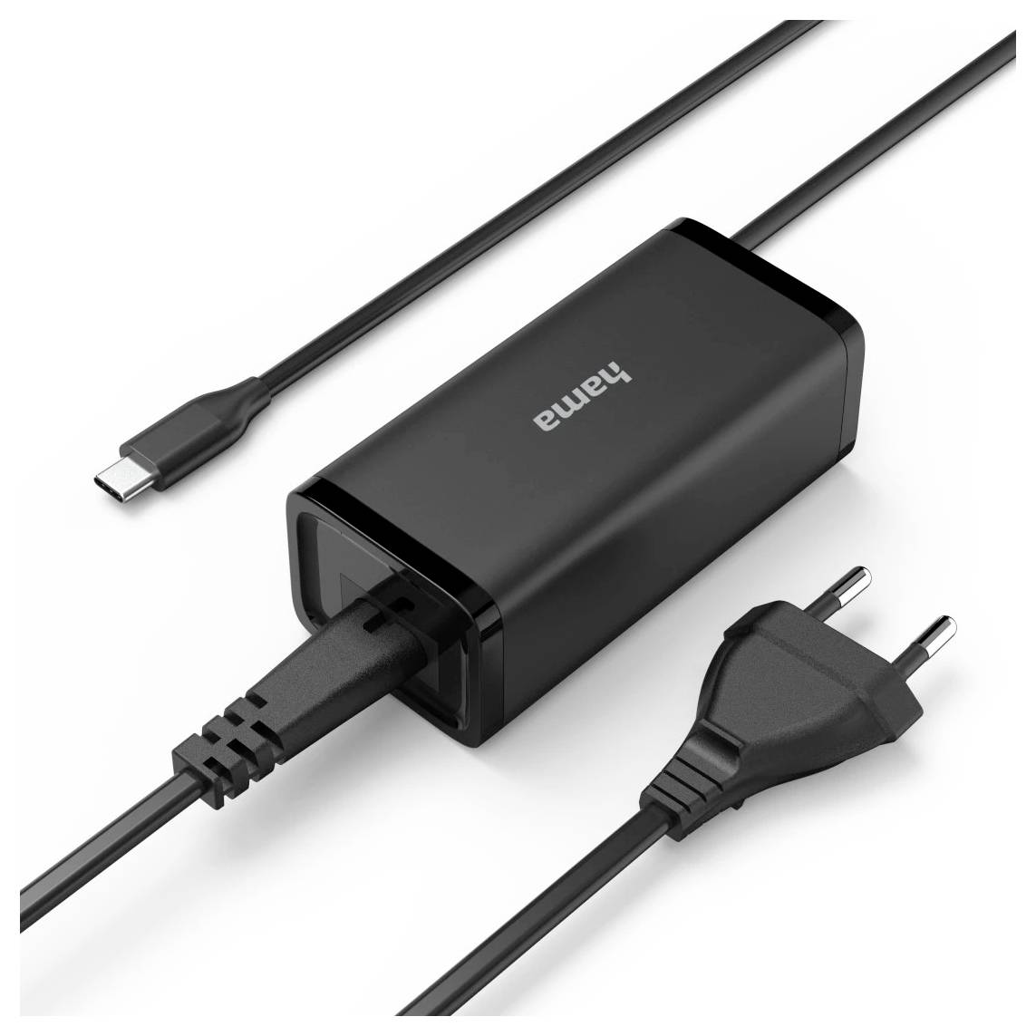 En svart USB-C-laddare med en europeisk kontakt och märkt 'Hama', avsedd för laddning av elektroniska enheter.