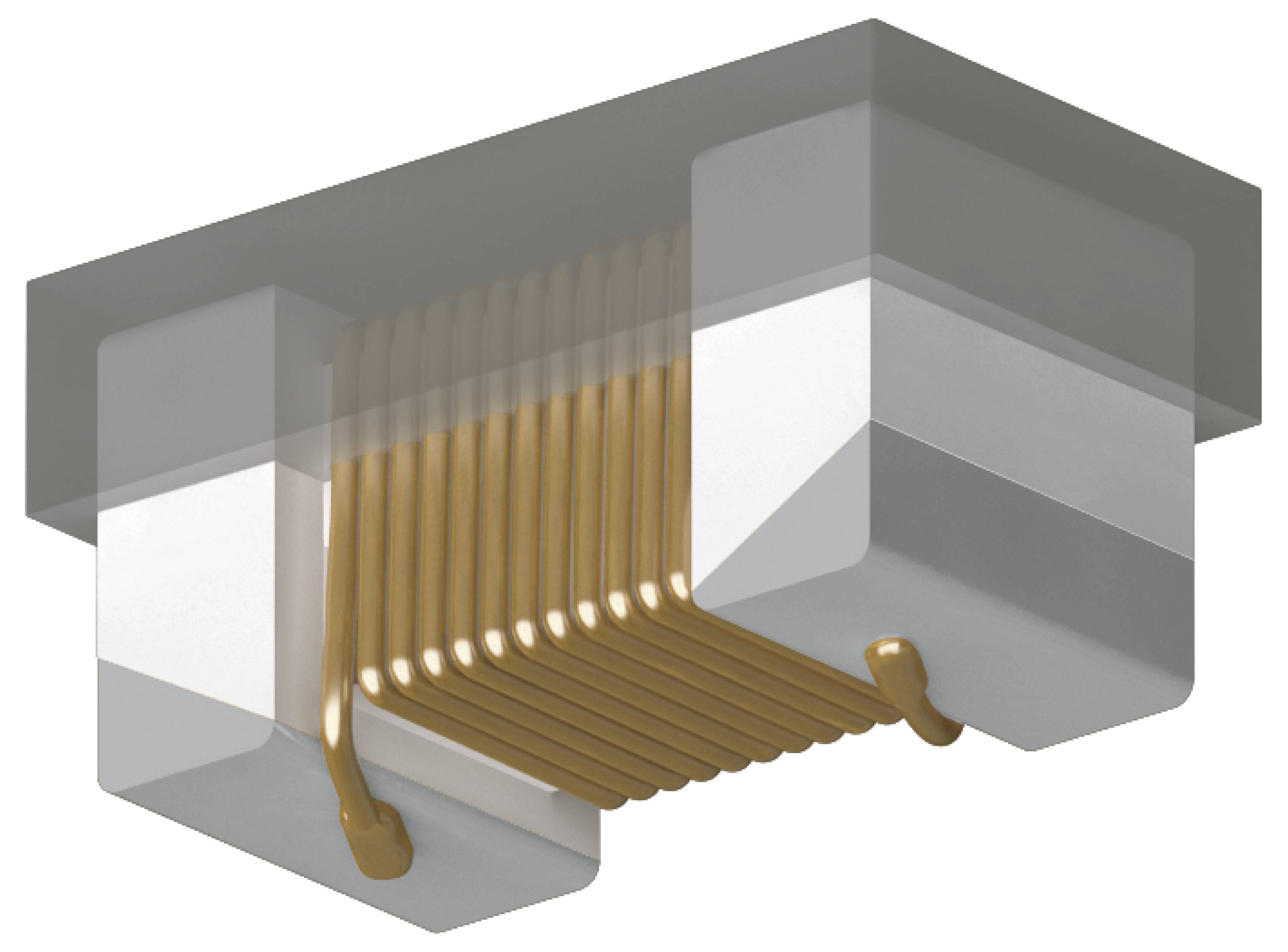 En 3D-modell av en elektronisk komponent med en metallisk spole lindad runt en kärna, möjligen representerade en transformator eller induktor.