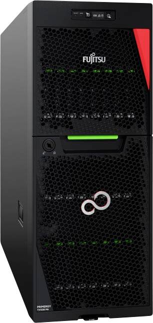 Fujitsu Primergy-server i tornutförande med svart hölje och röd accent, utrustad med gallrade ventilationspaneler och gröna lysande indikatorlampor.