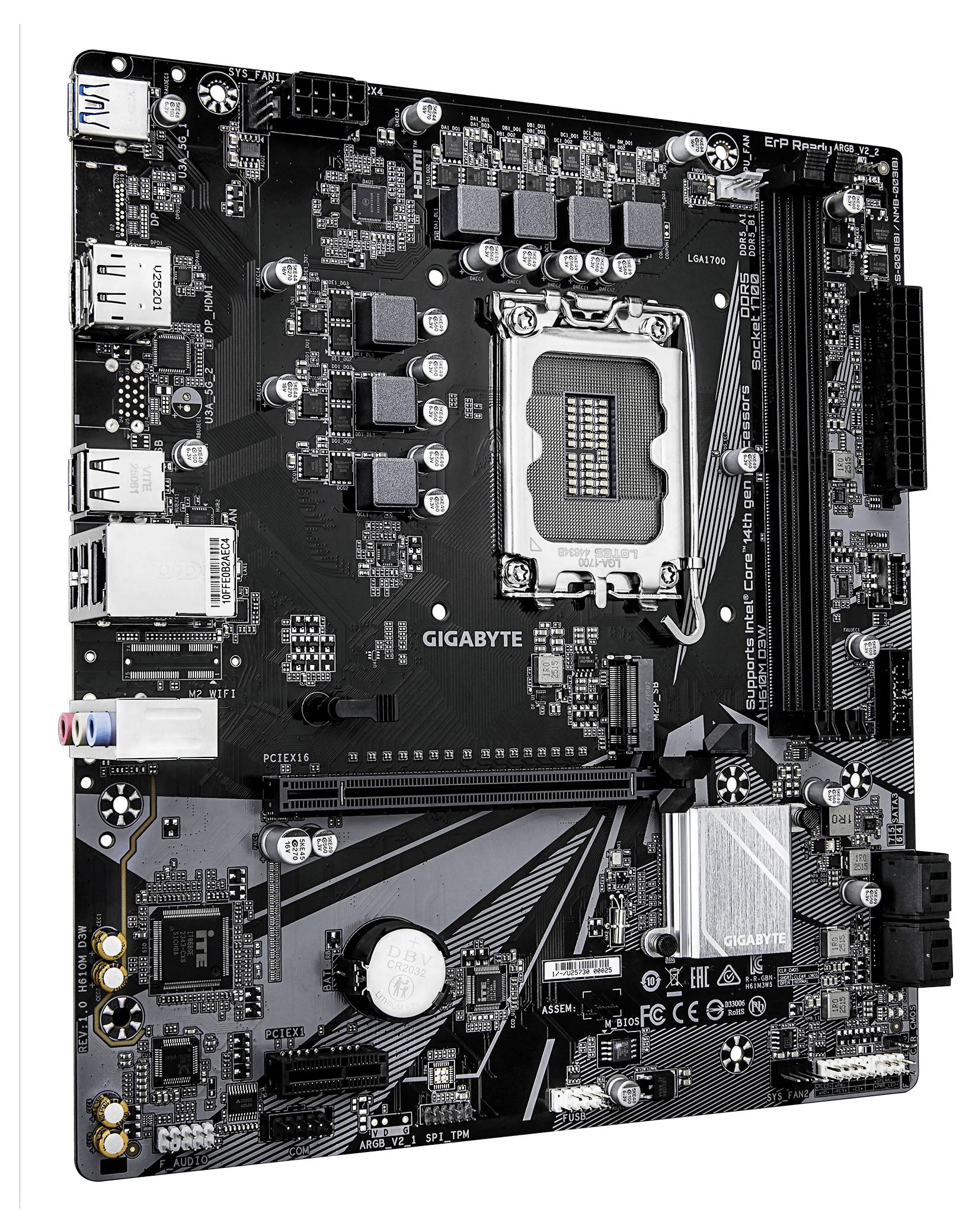 Ett moderkort med olika portar och platser, märkt 'GIGABYTE', med en central CPU-sockel, RAM-platser och PCIe-platser för anslutning.