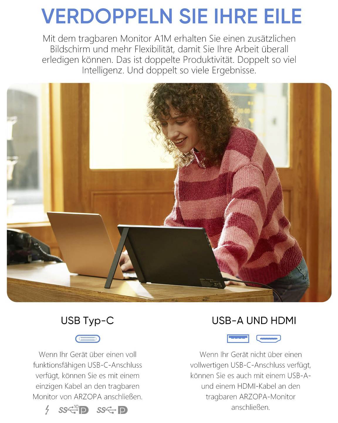 En kvinna som använder en bärbar skärm tillsammans med en bärbar dator. Texten främjar ökad produktivitet med anslutningsalternativ via USB-C, USB-A och HDMI.