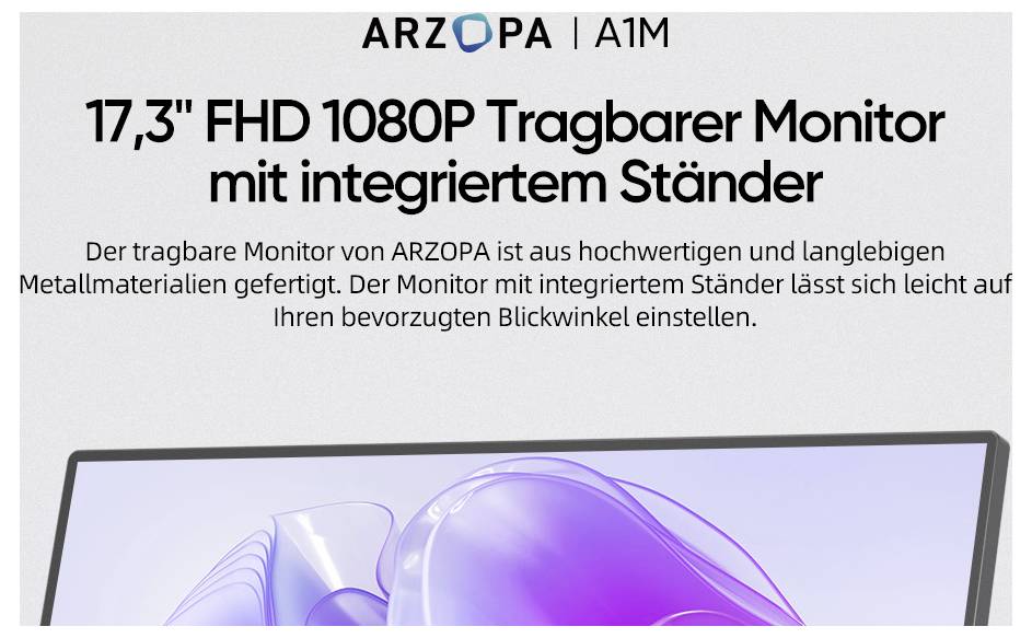 Bilden visar en reklamaffisch för en 'ARZOPA 17,3" FHD 1080P bärbar skärm med integrerat stativ', med information om dess högkvalitativa metallmaterial och justerbara betraktningsvinklar.