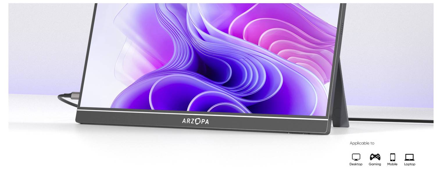 En smal, bärbar skärm med en livlig lila och rosa virvlande design på skärmen och varumärket 'Arzopa' synligt fram på enheten.