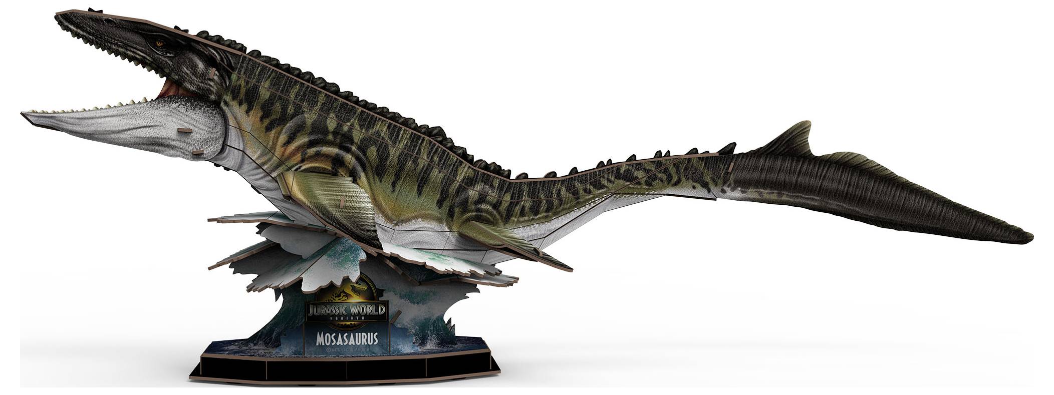 En modell av ett förhistoriskt marint reptil, sannolikt en Mosasaurus, med en stor öppen mun och detaljerad textur, visad på en temainriktad bas.