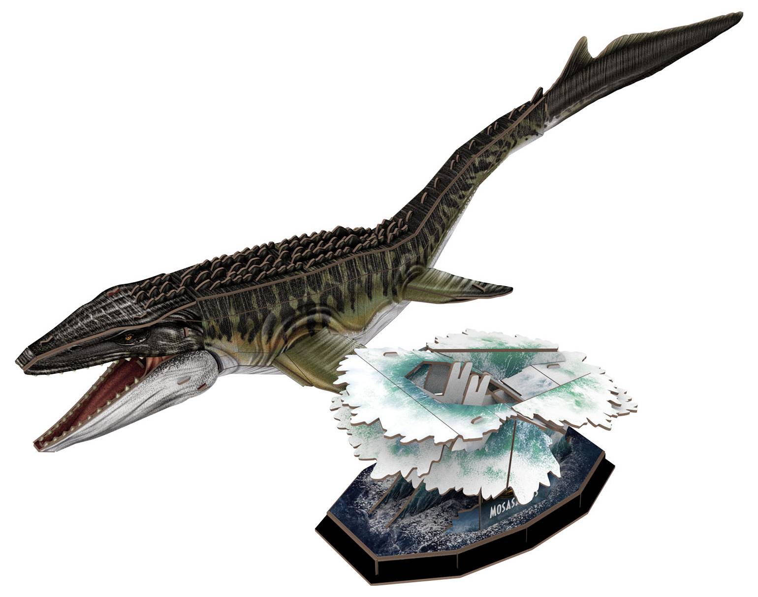 En detaljerad modell av ett stort akvatiskt djur, som liknar en förhistorisk marint reptil, visas bredvid en istemad basmodell.