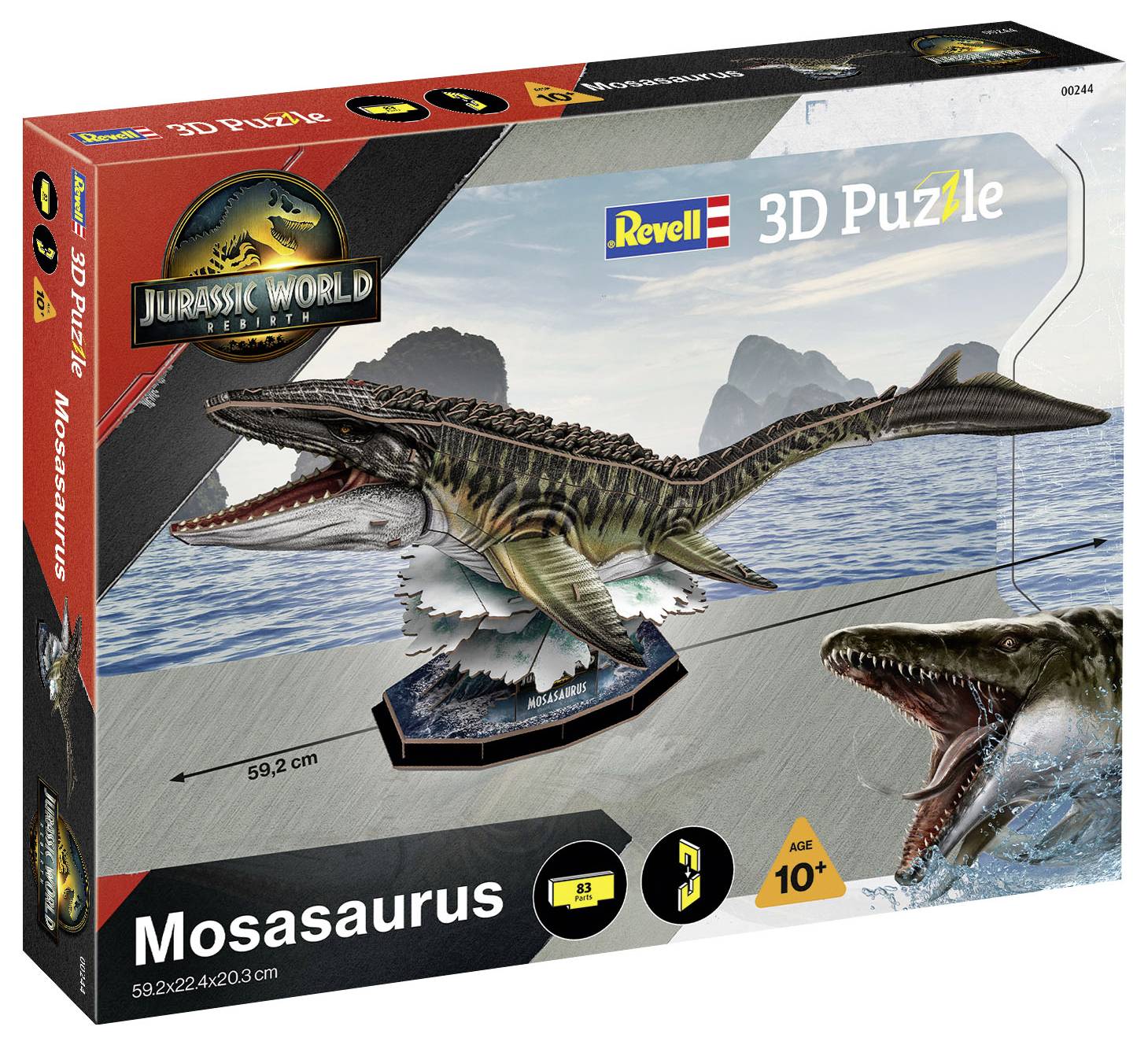 3D-pussel av Mosasaurus från Jurassic World mot en bakgrund av en kustscen. Rekommenderad ålder 10+, dimensioner 58,2x22,4x20,3 cm.