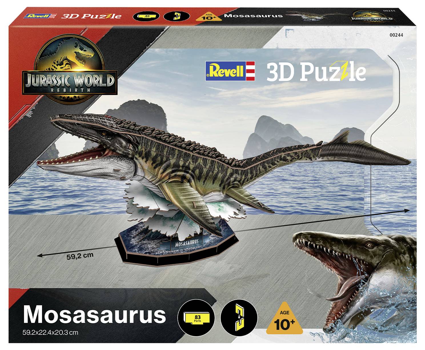 Revell 3D Pussel Jurassic World Mosasaurus' låda som visar ett ihopsatt pusselmodell av en Mosasaurus med vattenbas, lämplig för barn från 10 år och uppåt.