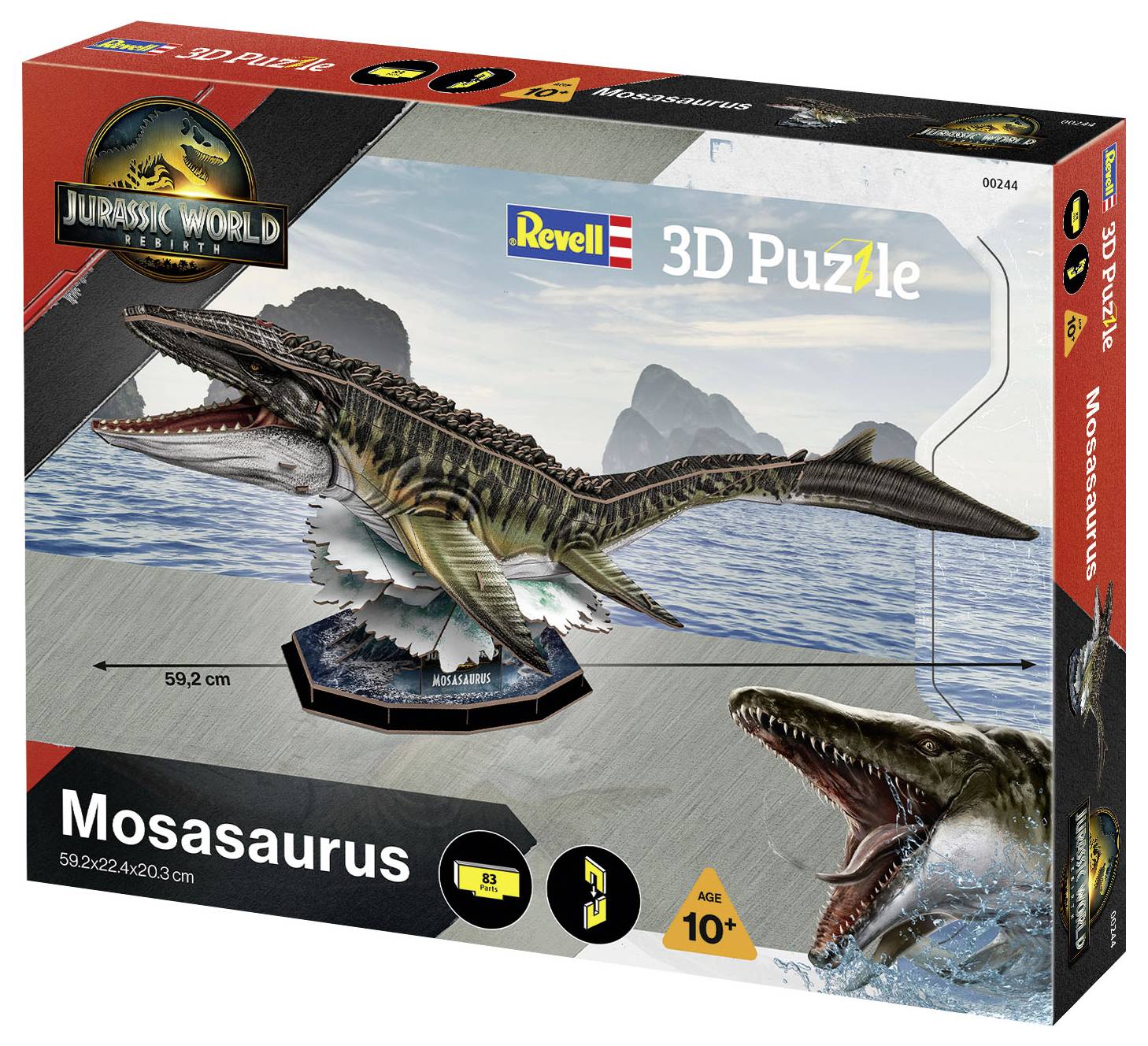 3D-pussel Mosasaurus med en Mosasaurusmodell och detaljerad havstema-bakgrund; lämplig för barn från 10 år och uppåt.