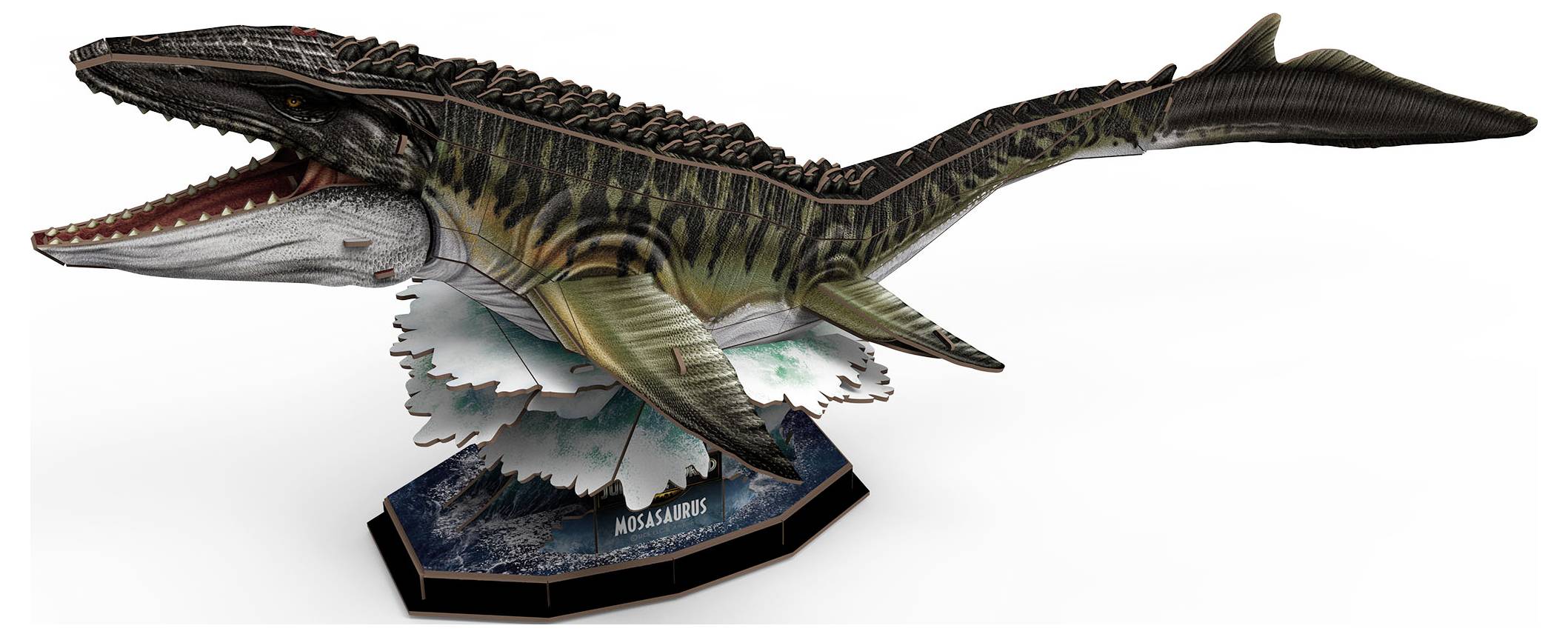 Bilden visar en realistisk modell av ett förhistoriskt marint reptil, Megalodon, med öppen mun, vassa tänder och detaljerad hudstruktur.