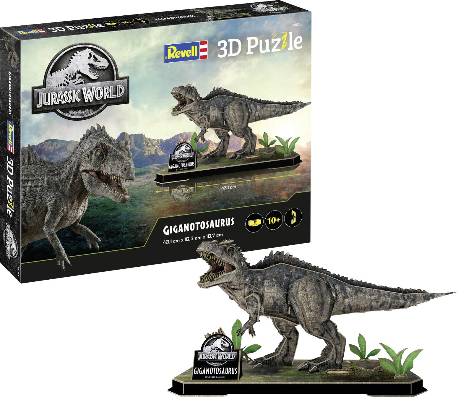 'Jurassic World 3D Pussel' lådan visar en Giganotosaurus-modell, detaljerad landskapsbakgrund; lämplig för barn från 10 år och uppåt.