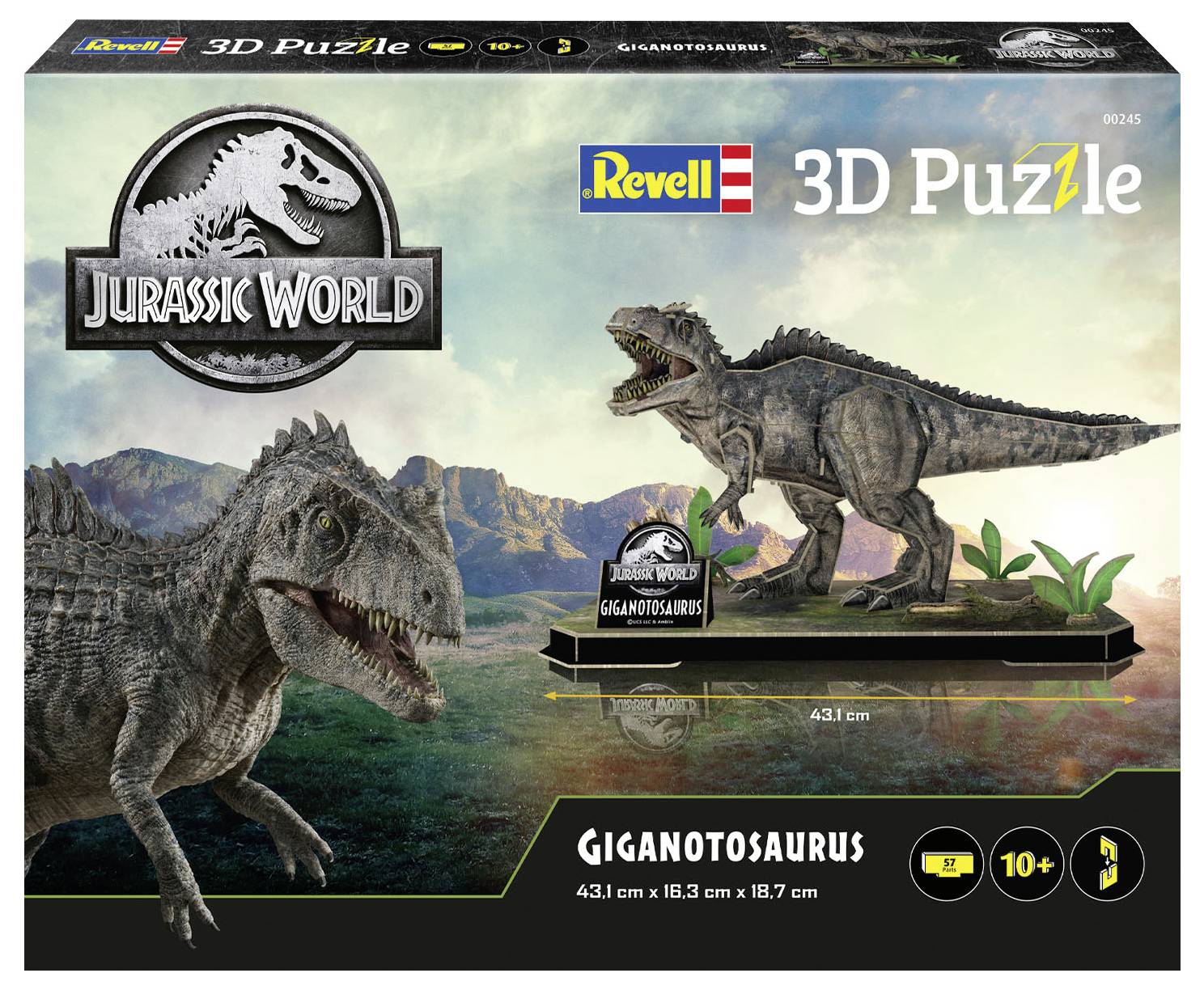Förpackningen till 'Jurassic World Revell 3D Puzzle' visar en Giganotosaurus-modell. Lämplig för åldrar 10+, dimensioner: 43,1 cm lång.