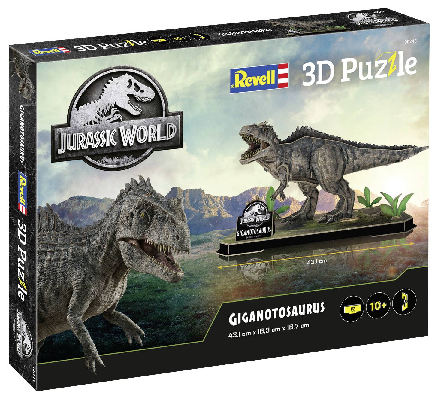 Ask till ett 3D-pussel från 'Jurassic World' med en Giganotosaurus dinosauriemodell. Rekommenderad ålder 10 år och uppåt, dimensioner inkluderade.