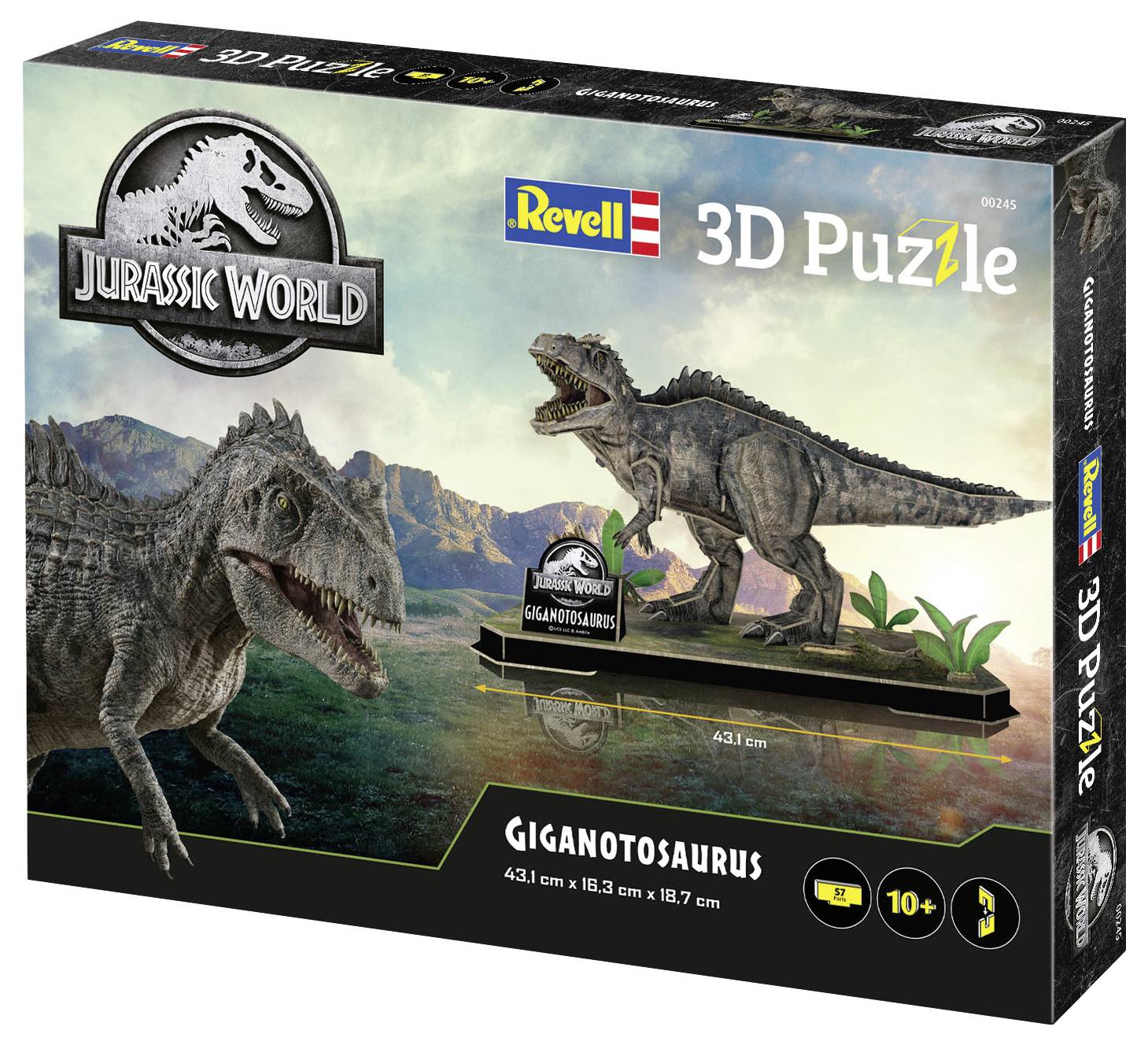 'Jurassic World' temabaserad 3D-pusselbox som visar en Giganotosaurus-modell. Lämplig för åldrar 10 år och uppåt. Dimensioner: 43,1 cm x 15,3 cm x 18,7 cm.