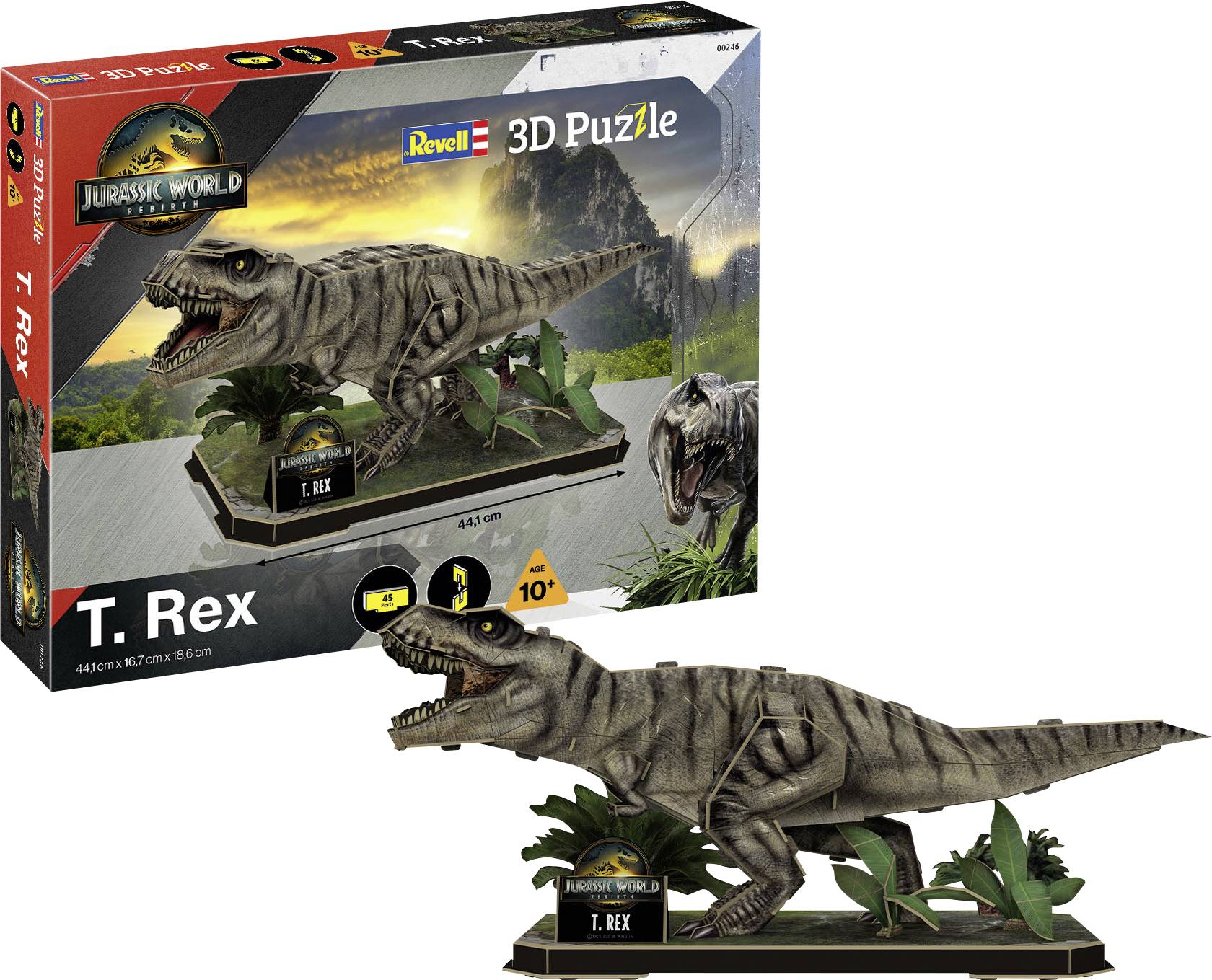 T. Rex 3D-pussel från Revell, för barn från 10 år och uppåt. Innehåller en dinosaurmodell och instruktiv display, förpackad med Jurassic World-varumärke.