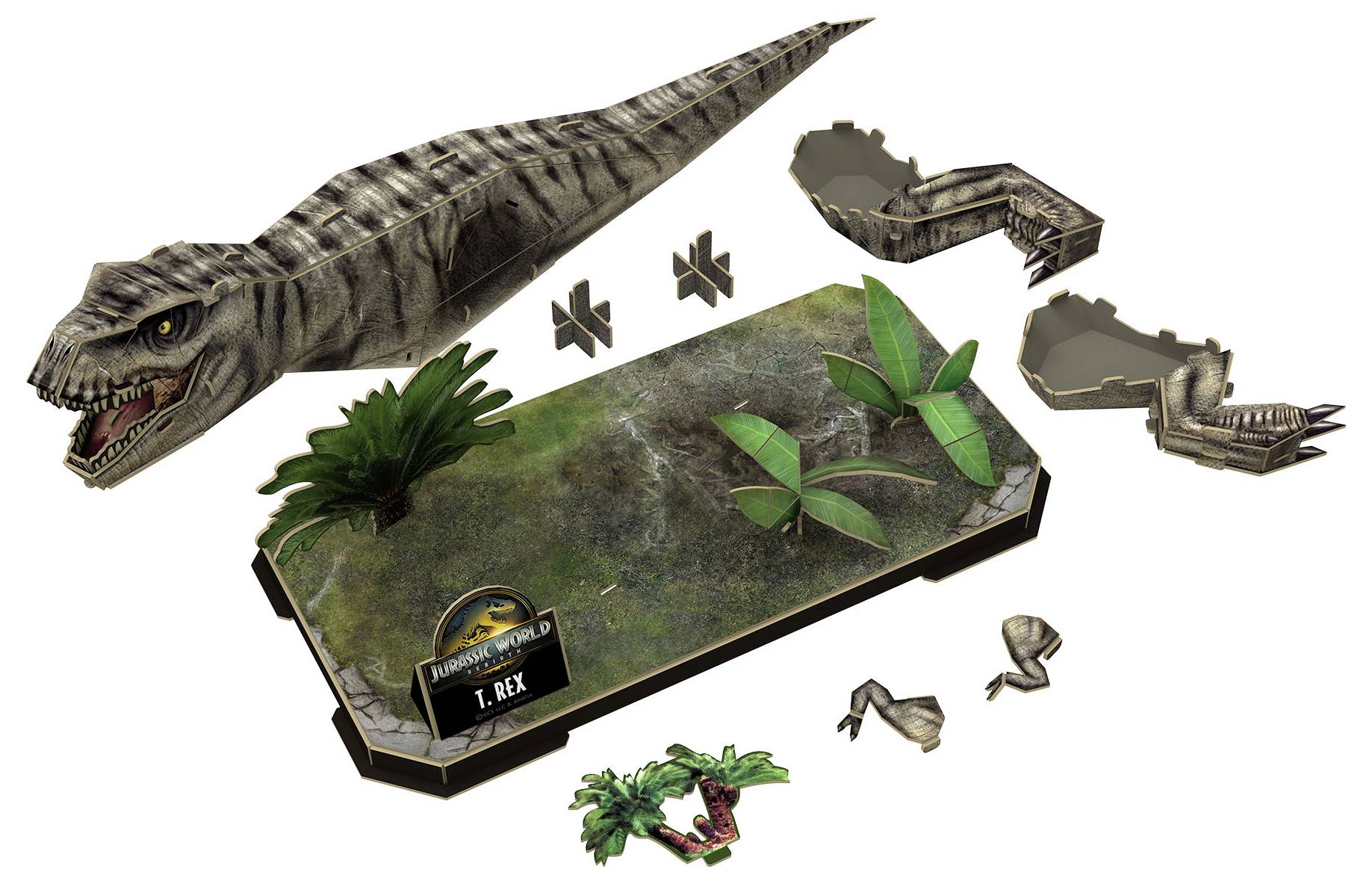 Dinosauriernas världstema lekset med en T. Rex-modell, vegetation, terräng och monteringsdelar.