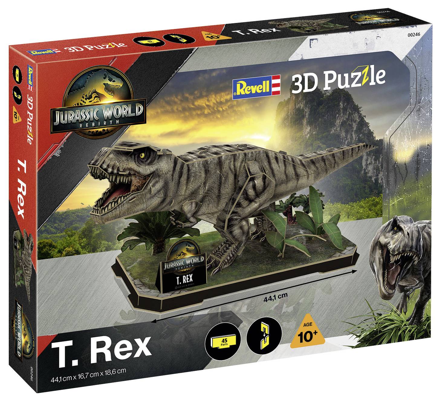 'Jurassic World 3D Pussel' ask som visar en T. Rex-modell med lövskogskuliss. För åldrar 10+, dimensioner 44,1 cm.