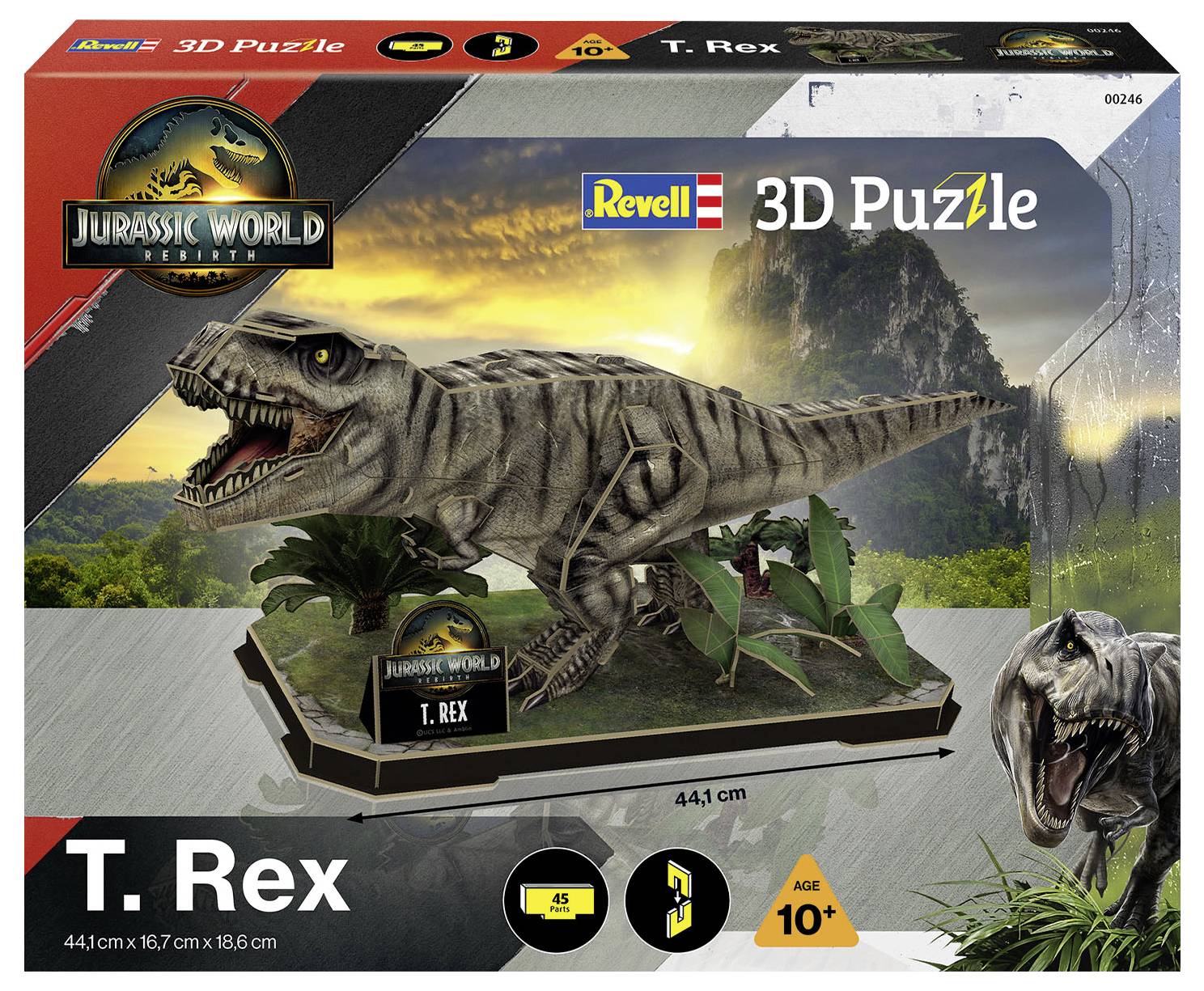 3D-pussel: Jurassic World T. Rex av Revell, med en T. Rex-modell i en djungelmiljö. Ålder 10+, 45 delar.