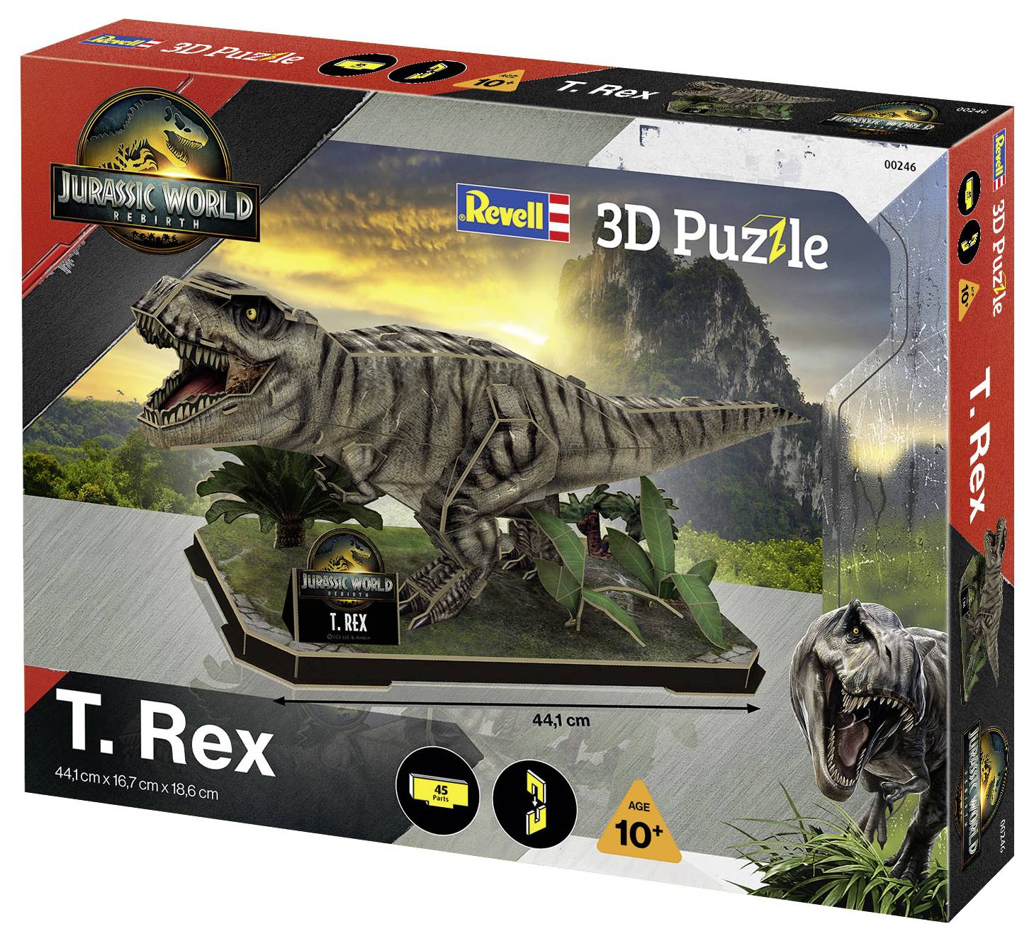 '3D-pussel T. Rex' lådan visar en dinosauriemodell med text 'Jurassic World' och 'Ålder 10+'. Den framhäver en T. Rex-figur och en tropisk bakgrund.