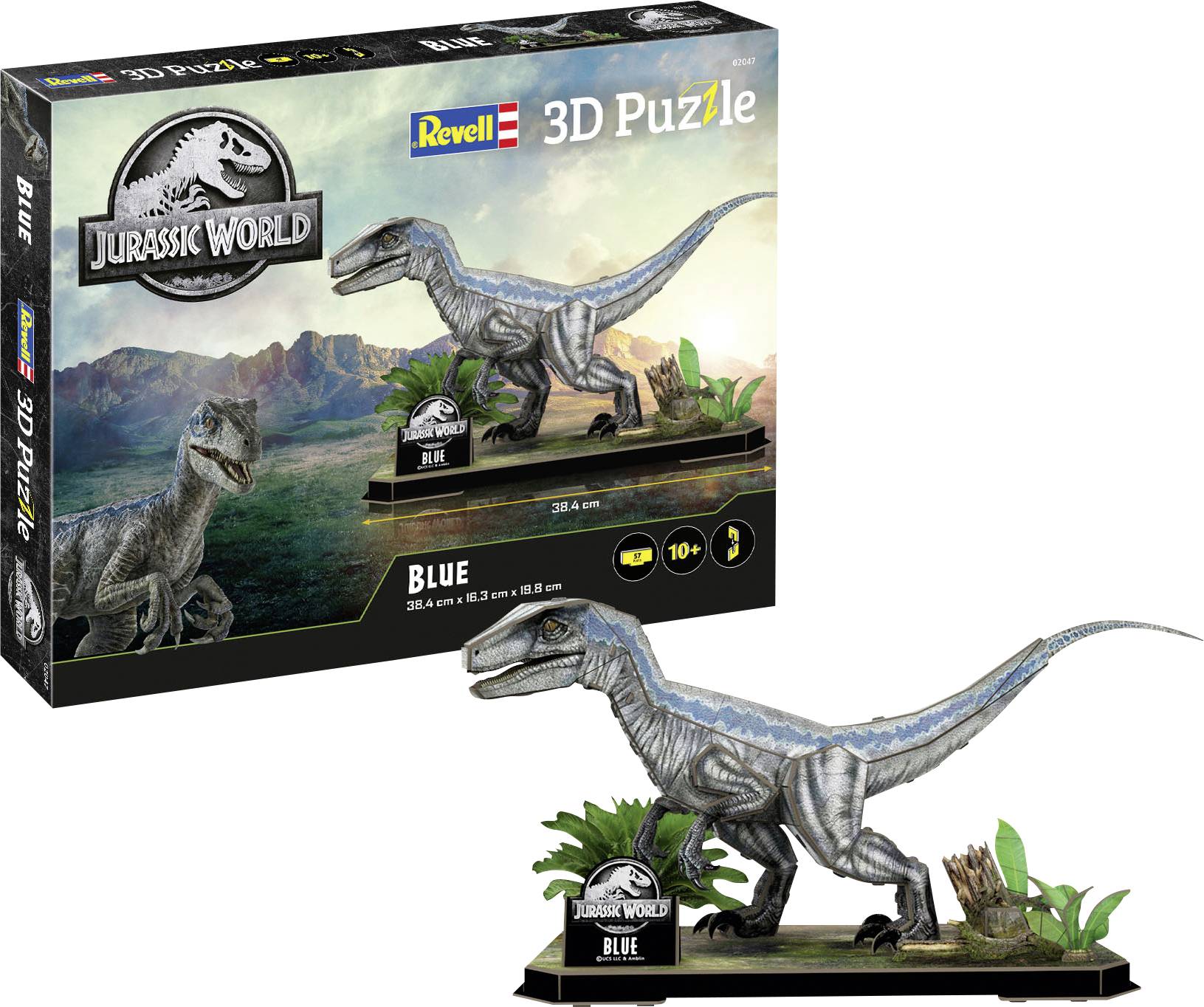 'Jurassic World 3D Pussel' låda som visar den färdigmonterade Blue velociraptor-modellen, med måtten 38,8 cm, för åldrar 10 år och uppåt.
