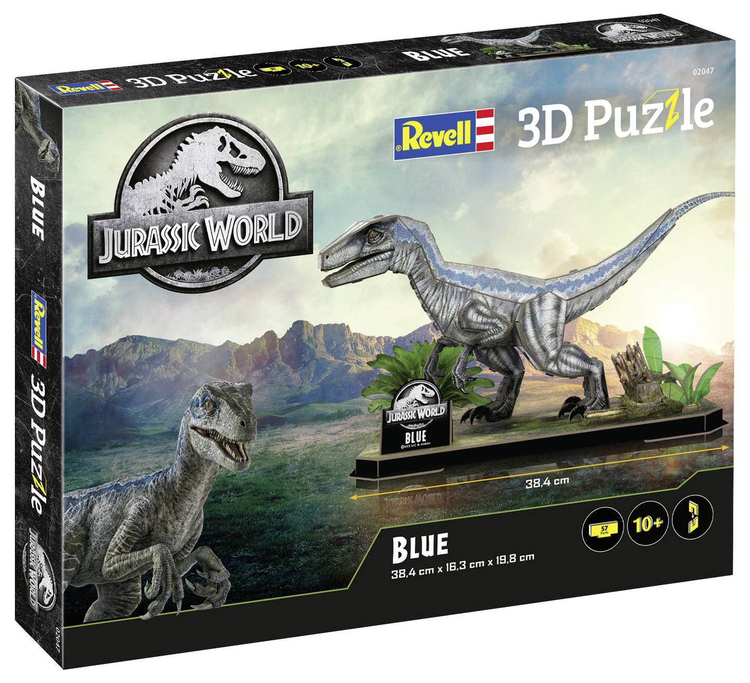 'Jurassic World 3D-pussel' med en 3D-modell av en Velociraptor som heter Blue, visad framför en jungelbakgrund. Lämplig för åldrar 10 och uppåt.