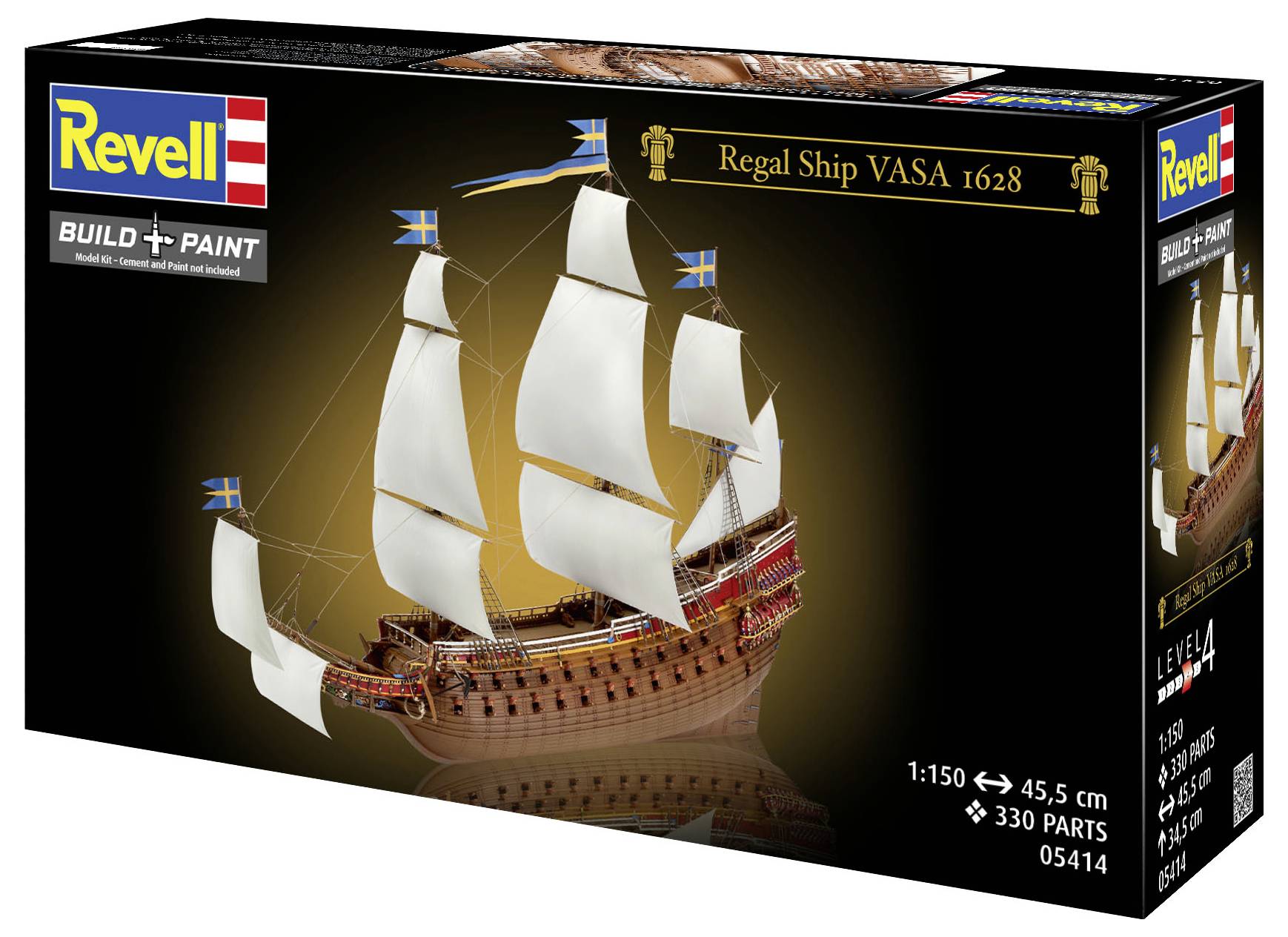 'Revell Regal Skepp Vasa 1628' modellsats, med en illustration av fartyget med vita segel, svenska flaggor och produktinformation.