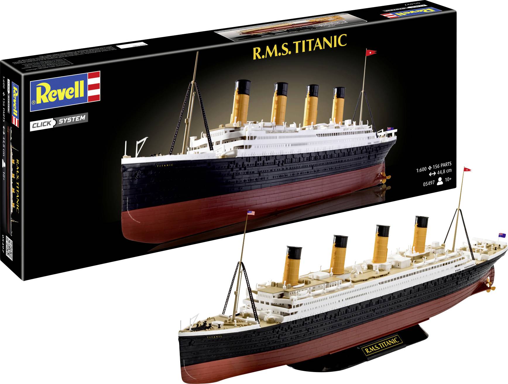 En modellsats-låda som visar en detaljerad kopia av fartyget R.M.S. Titanic med vita övre däck, fyra skorstenar och ett svart och rött skrov.