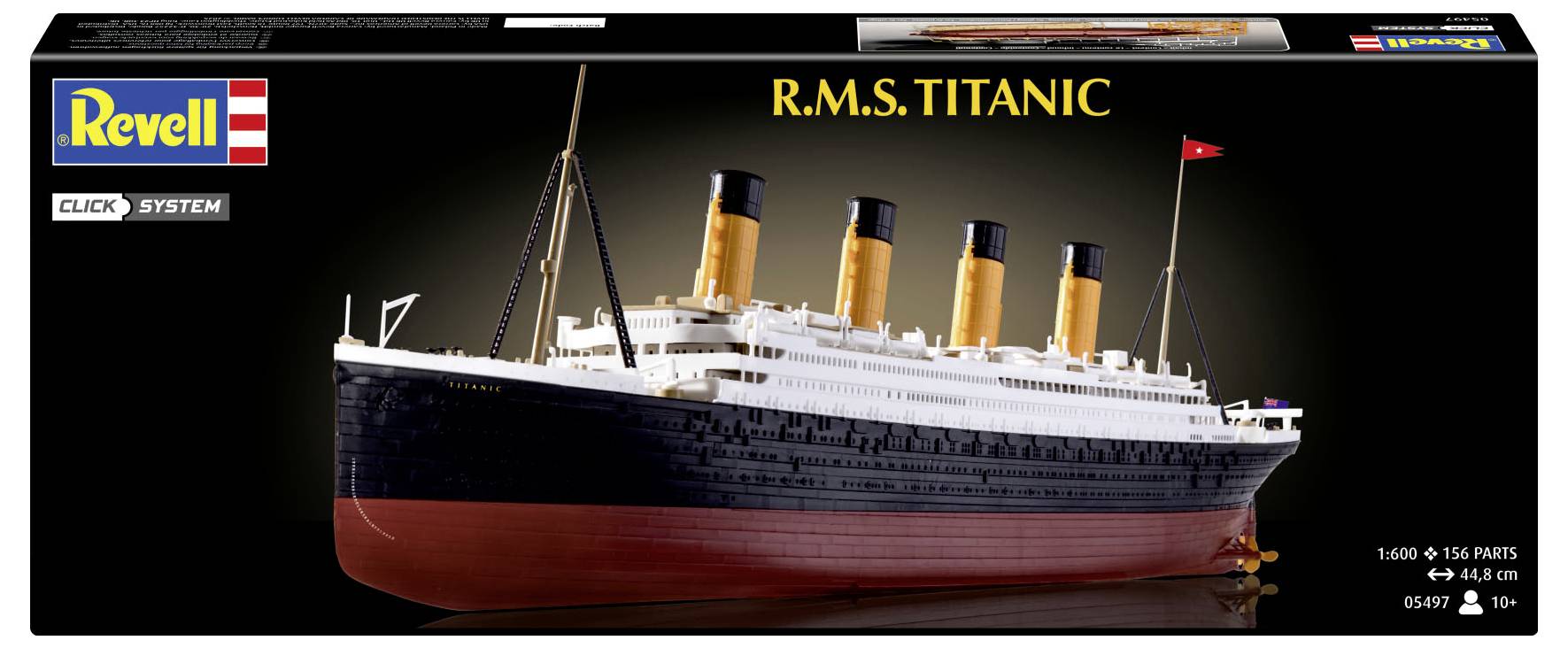 Modellsats som visar 'R.M.S. Titanic' från Revell, med en bild av fartyget med fyra skorstenar och ett svart och rött skrov.