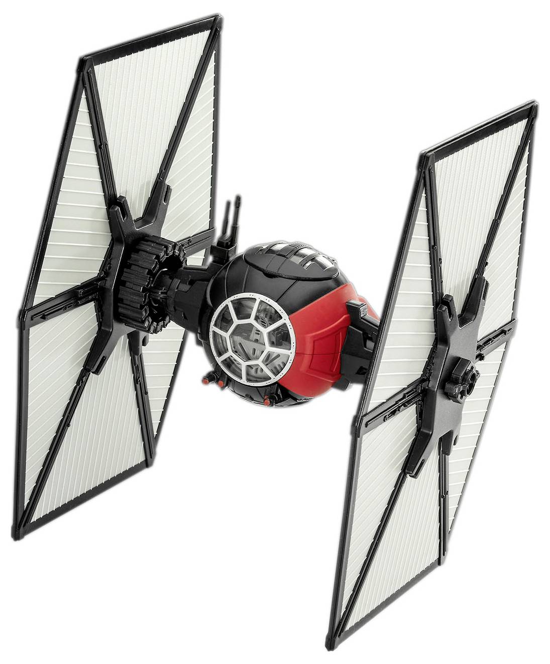 En modell av ett klassiskt science fiction-rymdskepp med två stora vertikala vingar och en central sfärisk cockpit detaljerad med svarta och röda färger.