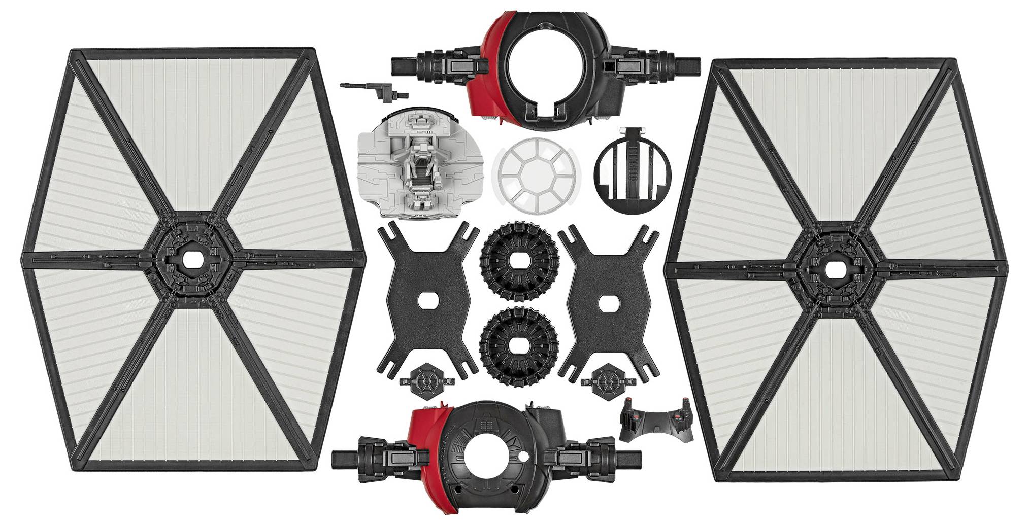 En 'TIE Fighter' leksakskomponent utlagd för montering, inklusive vingar, cockpit och anslutningsdetaljer. Svart och röd färgschema.