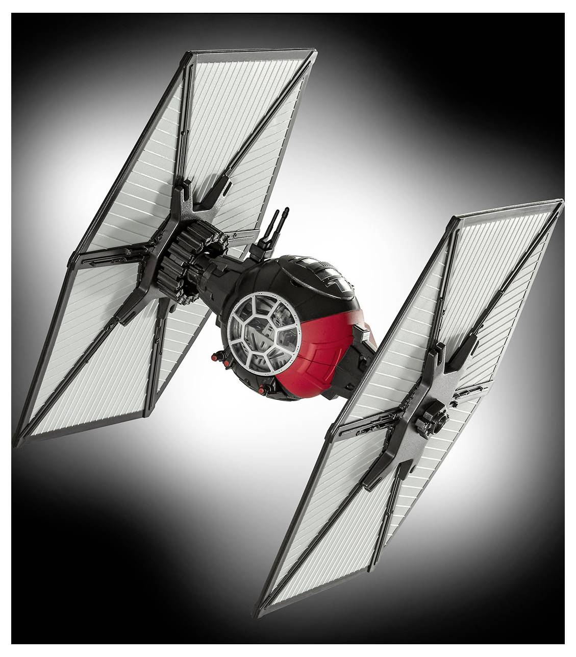 Modellrymdskepp med ett sfäriskt cockpit och två stora vertikala vingar, som liknar en TIE-jaktare från science fiction.