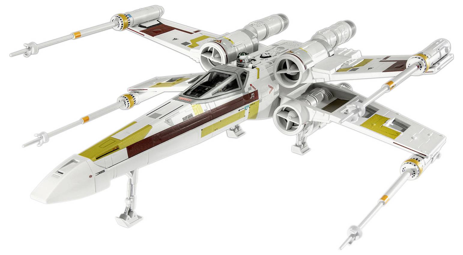En detaljerad modell av ett fiktivt stridsrymdsfartyg med fyra vingar och motorer, försett med röda och gula markeringar, som liknar ett science fiction-rymdskepp.