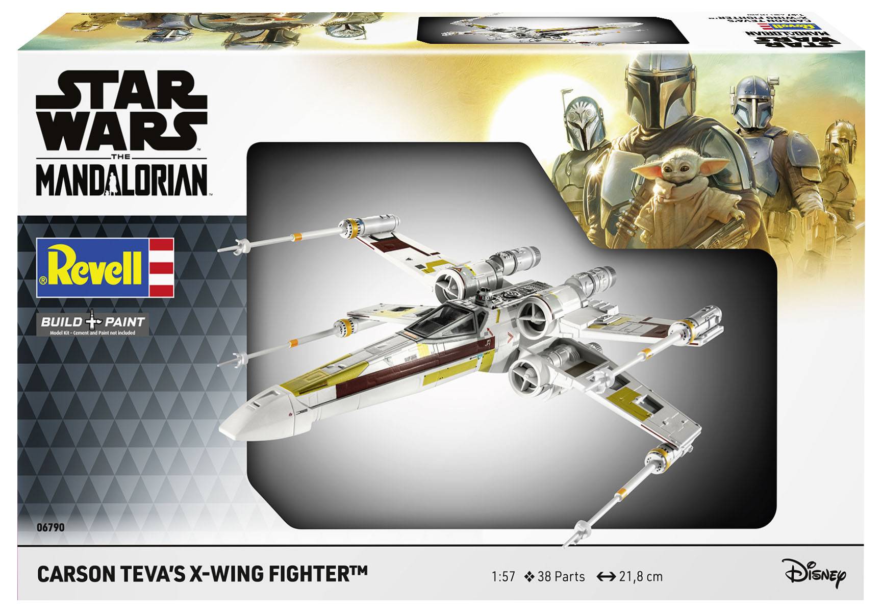 Revell Star Wars Mandalorian modellsats med Carson Tevas X-Wing-jaktplan, med en detaljerad bild av jaktplanet och omslagskonst föreställande olika karaktärer.