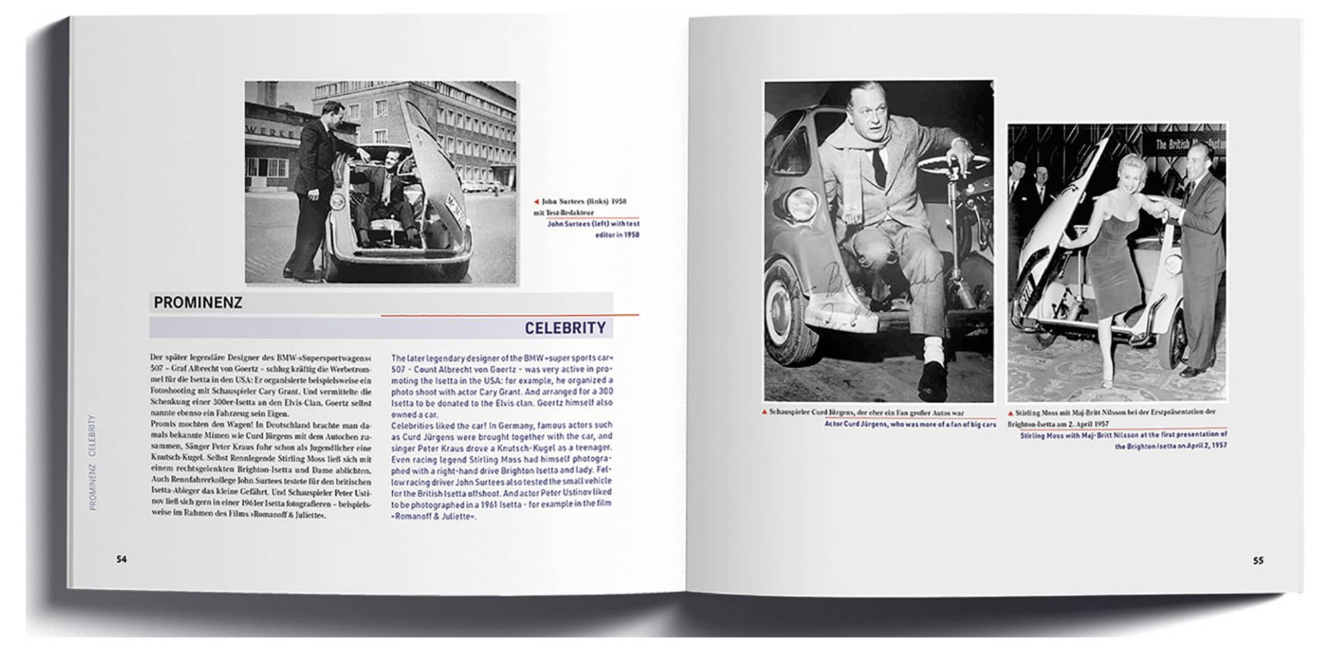 Öppen bok med fotografier av människor på sparkcyklar och en kvinna som kramar någon. Texten nämner 'Prominenz' och 'Celebrity' i ett historiskt sammanhang.