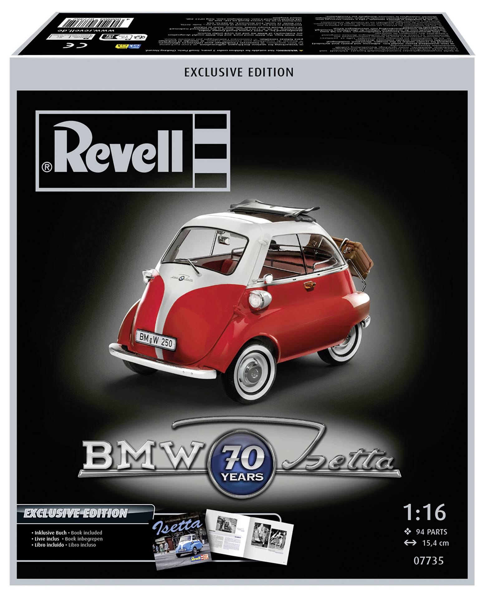 Revell Exklusiv Edition modellsats med en vintage röd BMW Isetta mikrobil med bagage på baksidan.