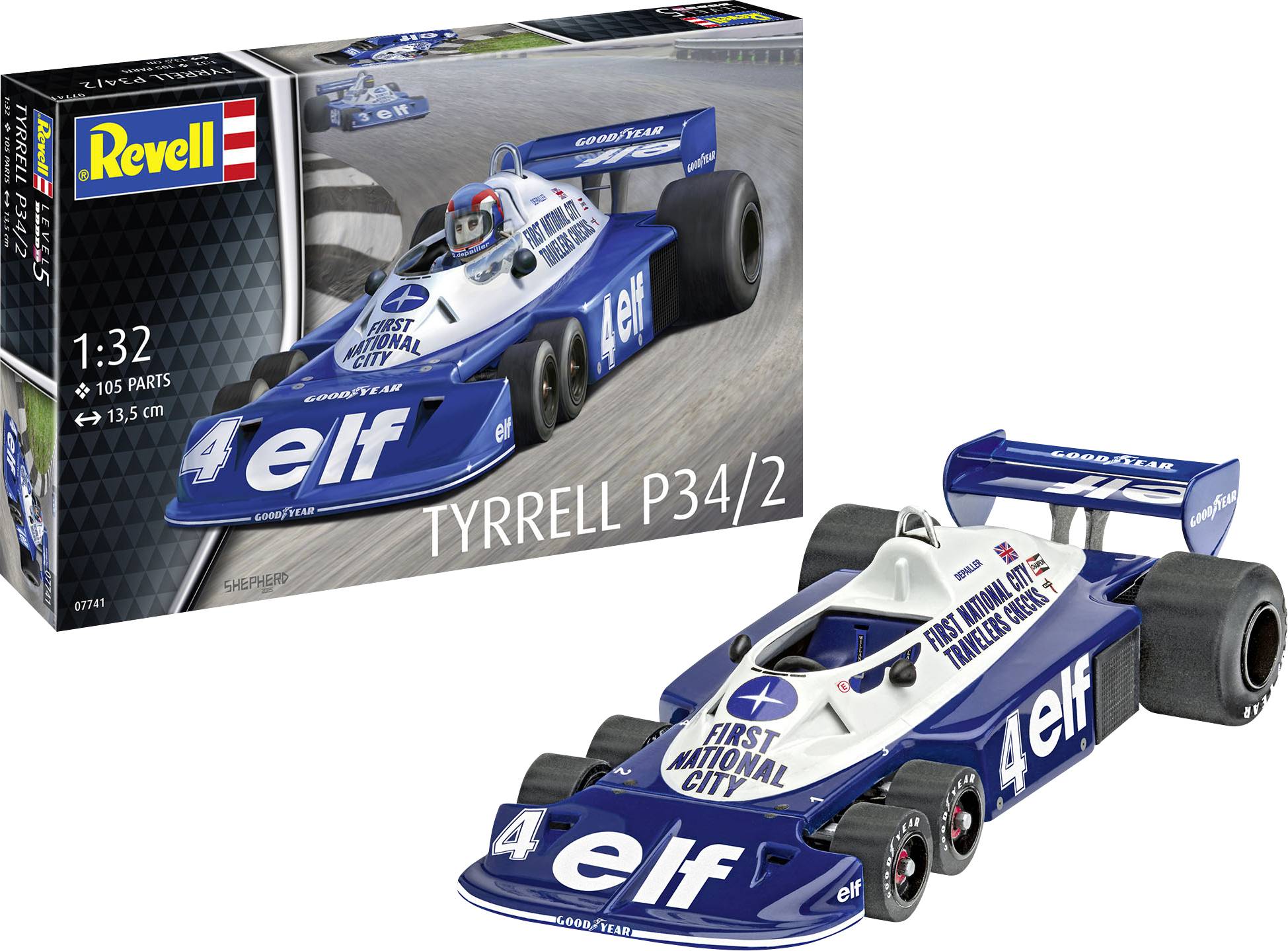 Revell-modellsats av Tyrrell P34/2 racerbil, som visar blå och vit bil med 'elf'- och 'First National City'-logotyper, samt förpackning.