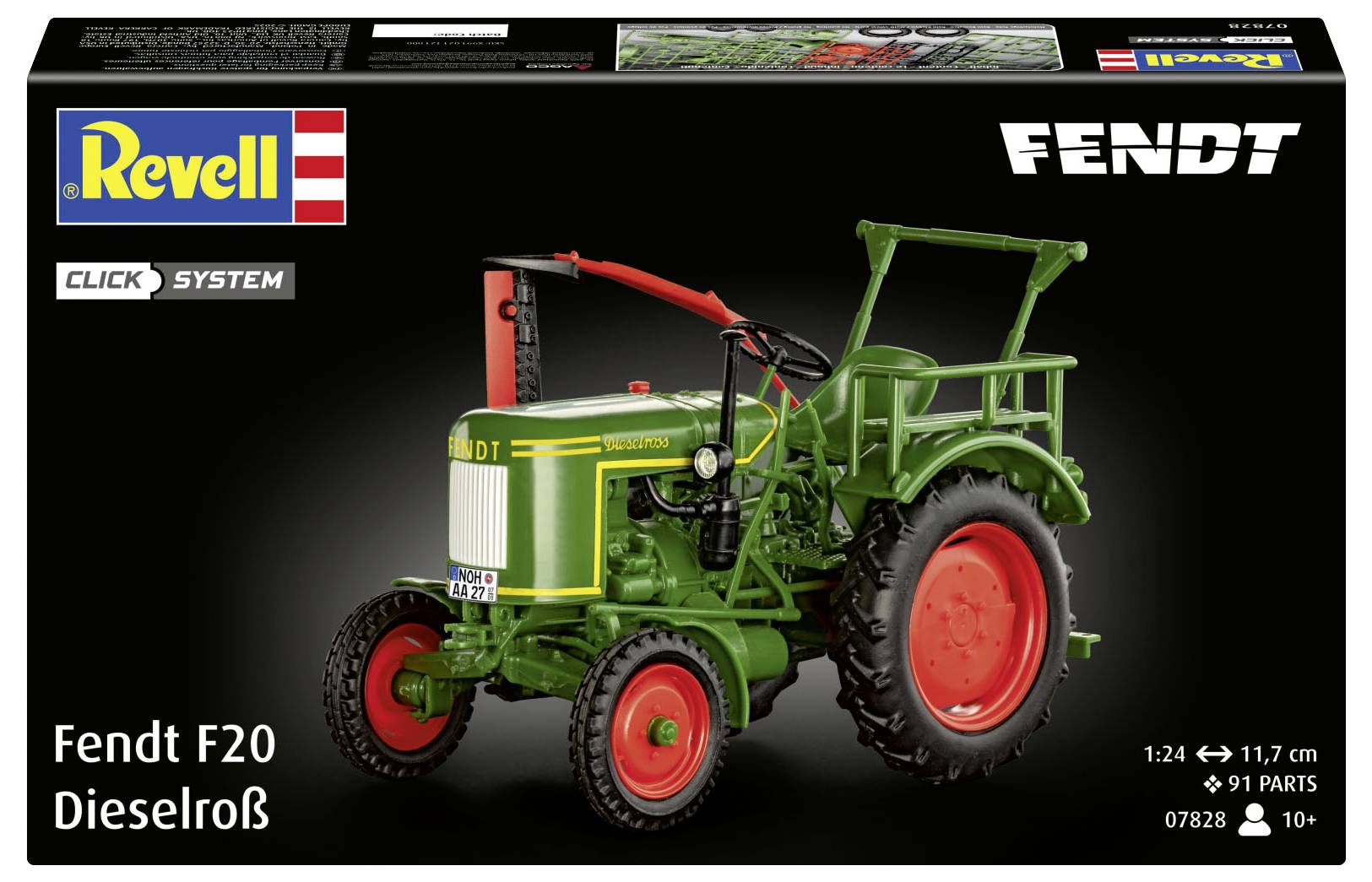 'Revell Fendt F20 Dieselroß' modelbyggsats, förpackning som visar en modeltraktor i grönt med röda hjul, med 91 delar för åldern 10+.