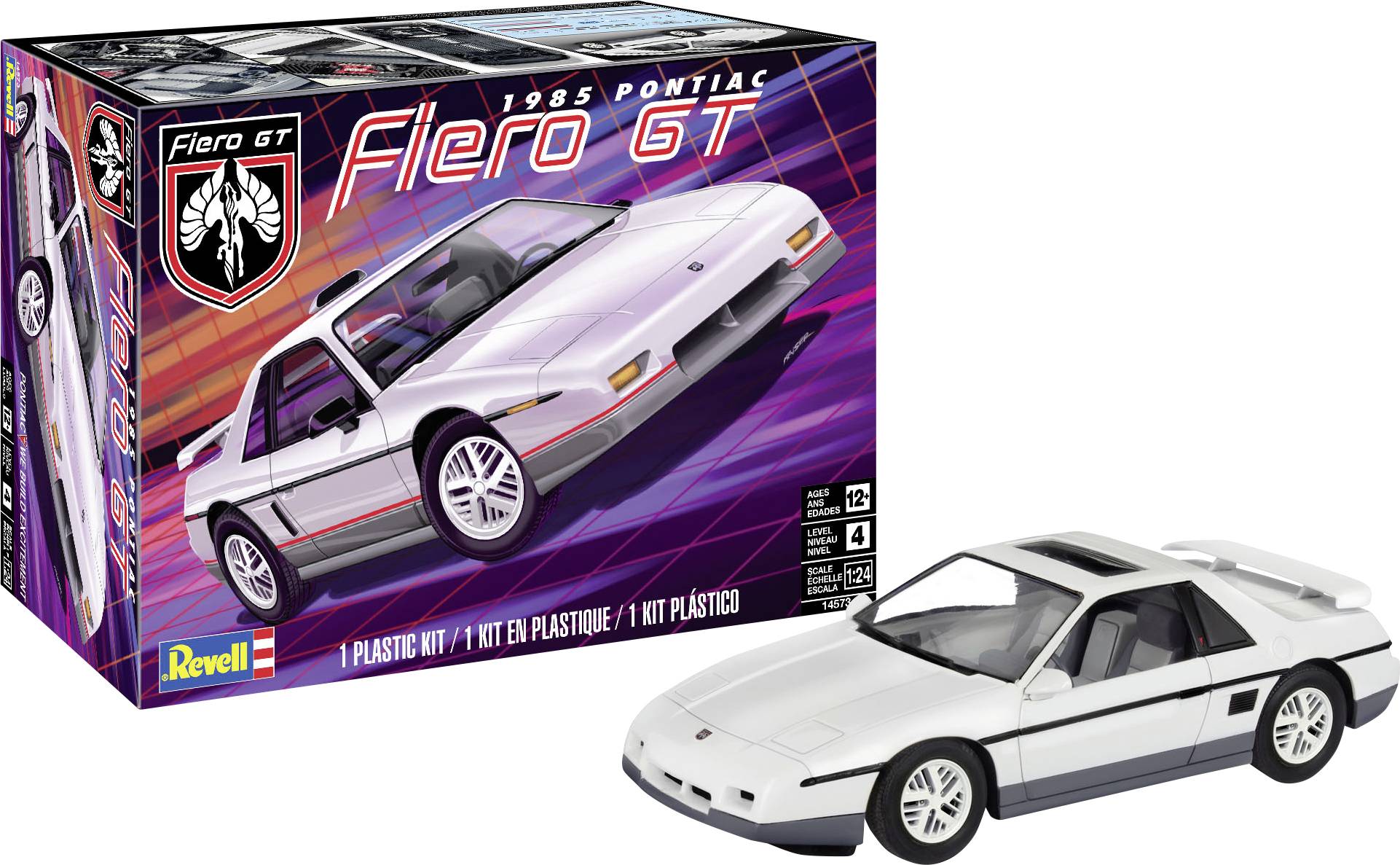 Bilden visar en modellsats från Revell och en färdigmålad modell av en vit Pontiac Fiero GT från 1985. Lådan har färgglada grafiska element och text.