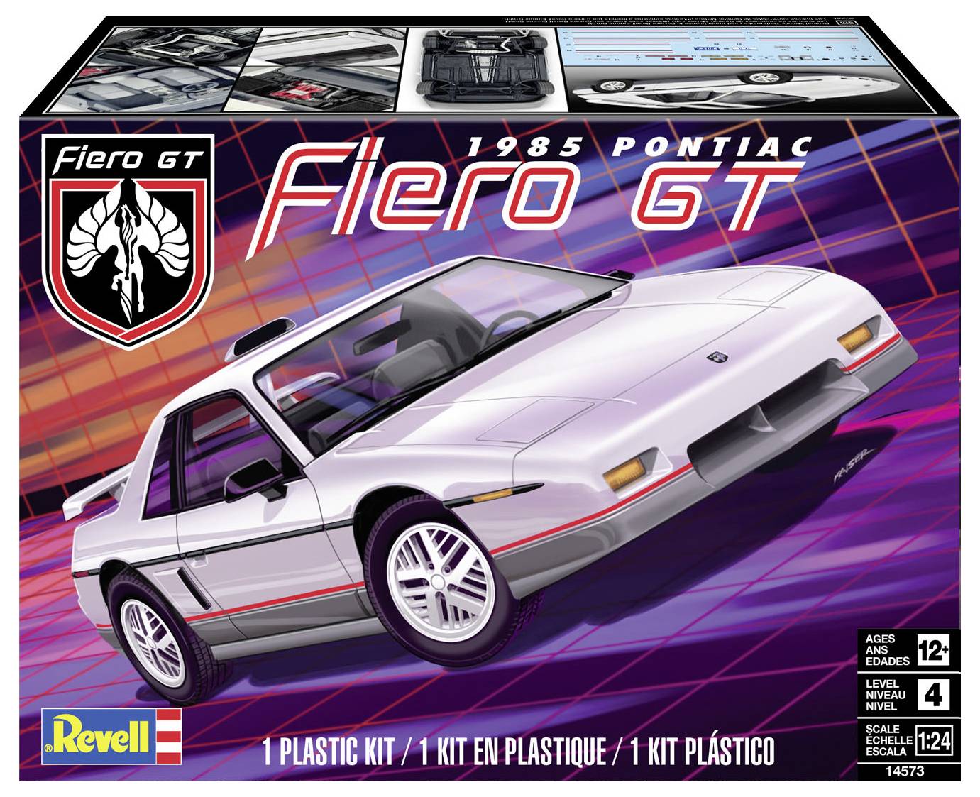 Modellsats '1985 Pontiac Fiero GT' med bild av en vit sportbil. Ålderrekommendation 12+, skala 1:24, varumärke Revell.