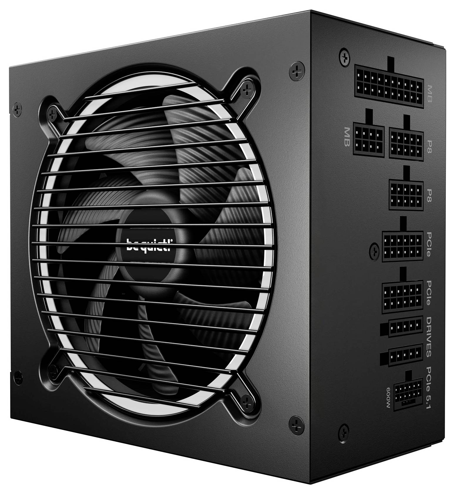 En svart datorströmförsörjningsenhet med en synlig kylningsfläkt, olika strömkontakter på sidan märkta 'MB', 'PCIe' och 'DRIVES'.