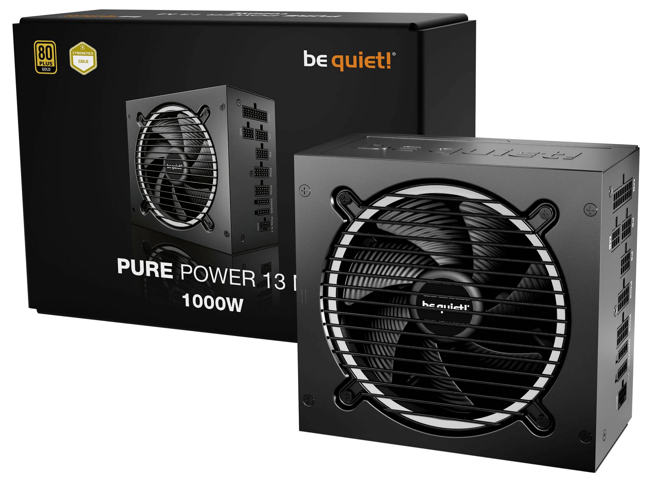 "var tyst! PURE POWER 13 FM 1000W" strömförsörjningsenhet med kylningsfläkt, presenterad bredvid produktförpackningen som visar 80 Gold-märket.