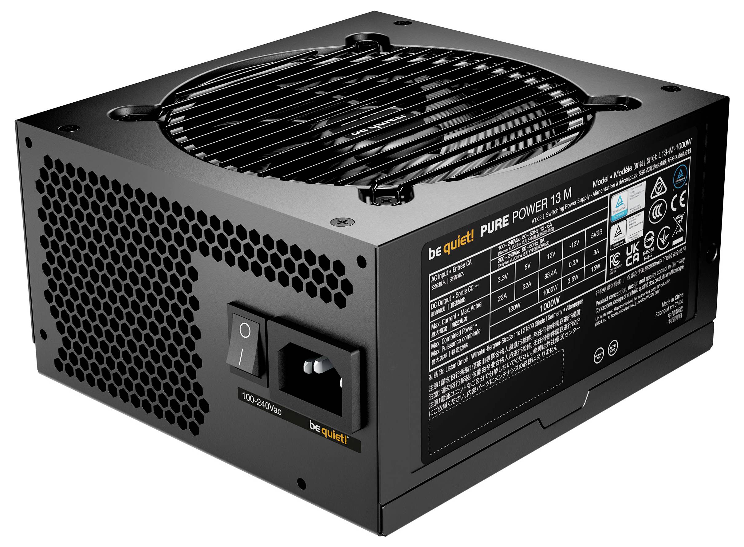 En svart nätaggregat märkt 'be quiet! PURE POWER 13 M', som visar fläkten, strömbrytaren och tekniska specifikationer på sidan.