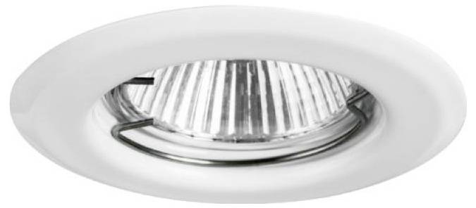 Vit inbyggd taklampa med reflekterande krom-insida och rund ram.