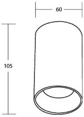 Teknisk ritning av en cylinder med rundad topp, märkt 60 bred och 105 hög.